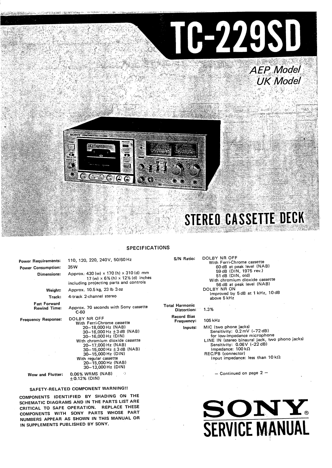 Sony TC-229-SD Service manual