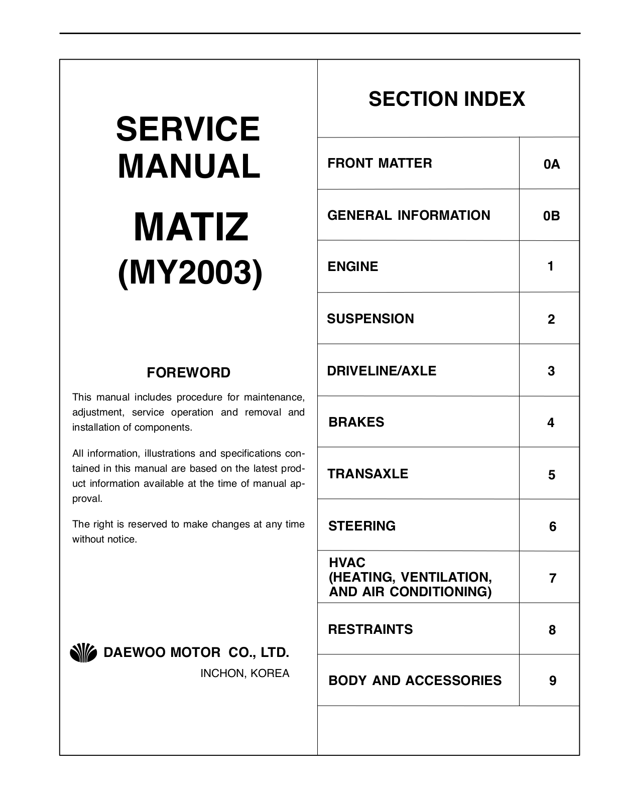 Chevrolet Matiz 2003 User Manual