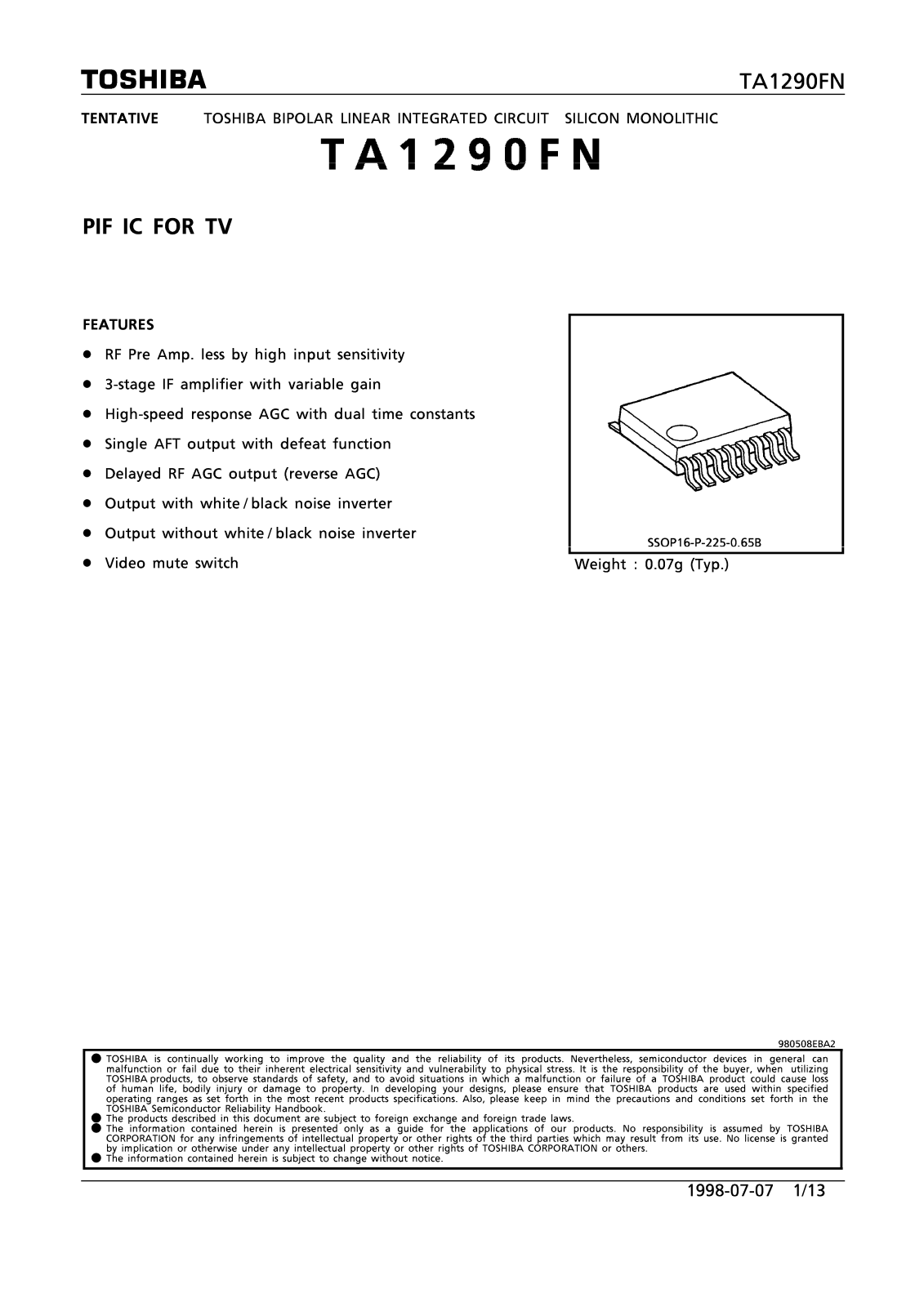 Toshiba TA1290FN Datasheet