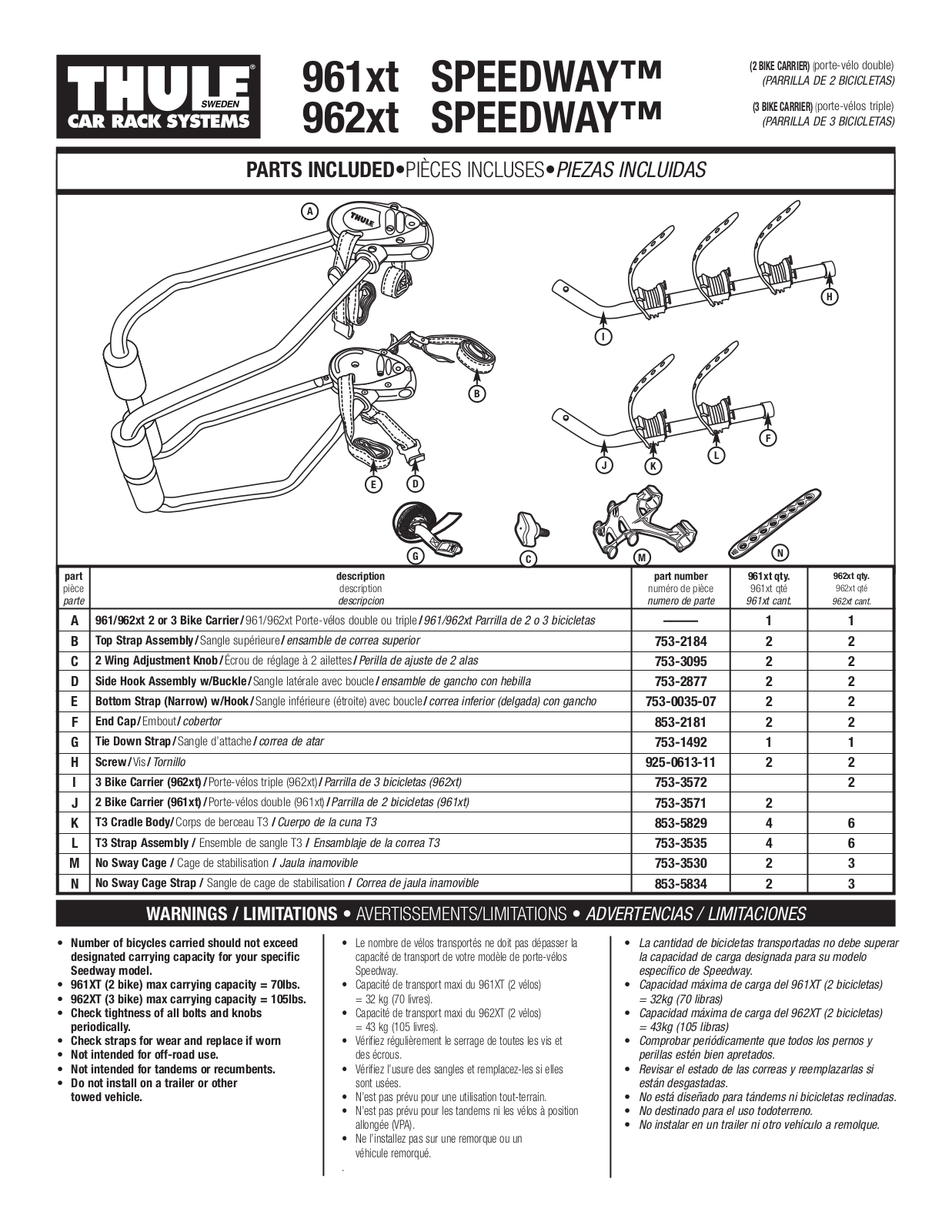 Thule Speedway 961xt, Speedway 962xt User Manual