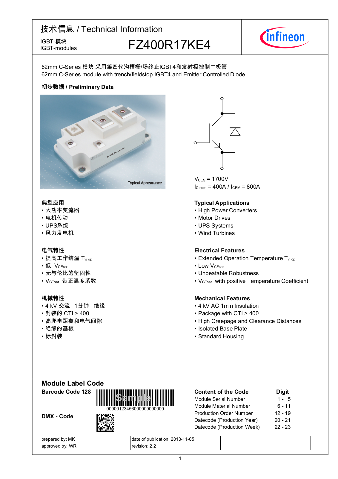 Infineon FZ400R17KE4 Data Sheet