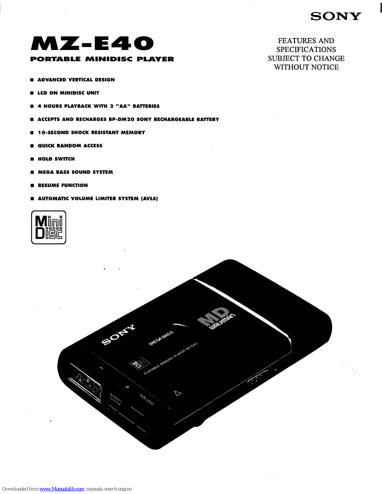 Sony MZ-E40 Marketing Specifications