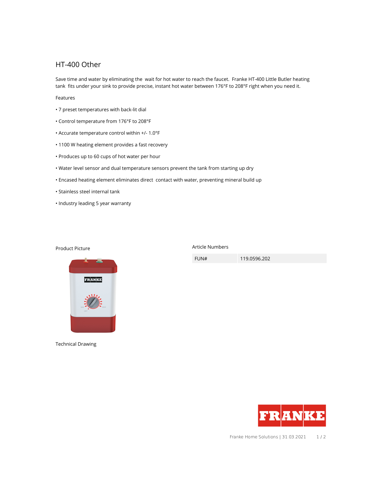 Franke HT-400 Specification Sheet