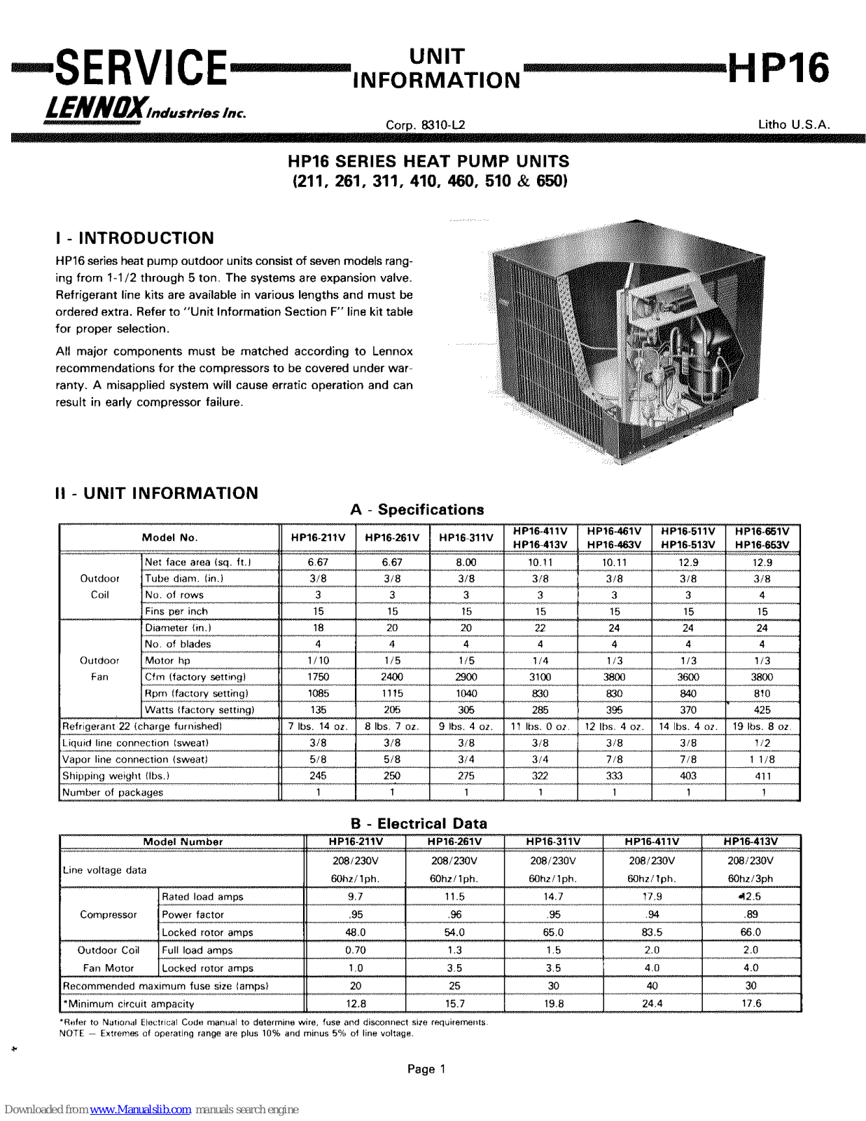 Lennox HP16-211V, HP16-261V, HP16-311V, HP16-411V, HP16-413V Service Manual