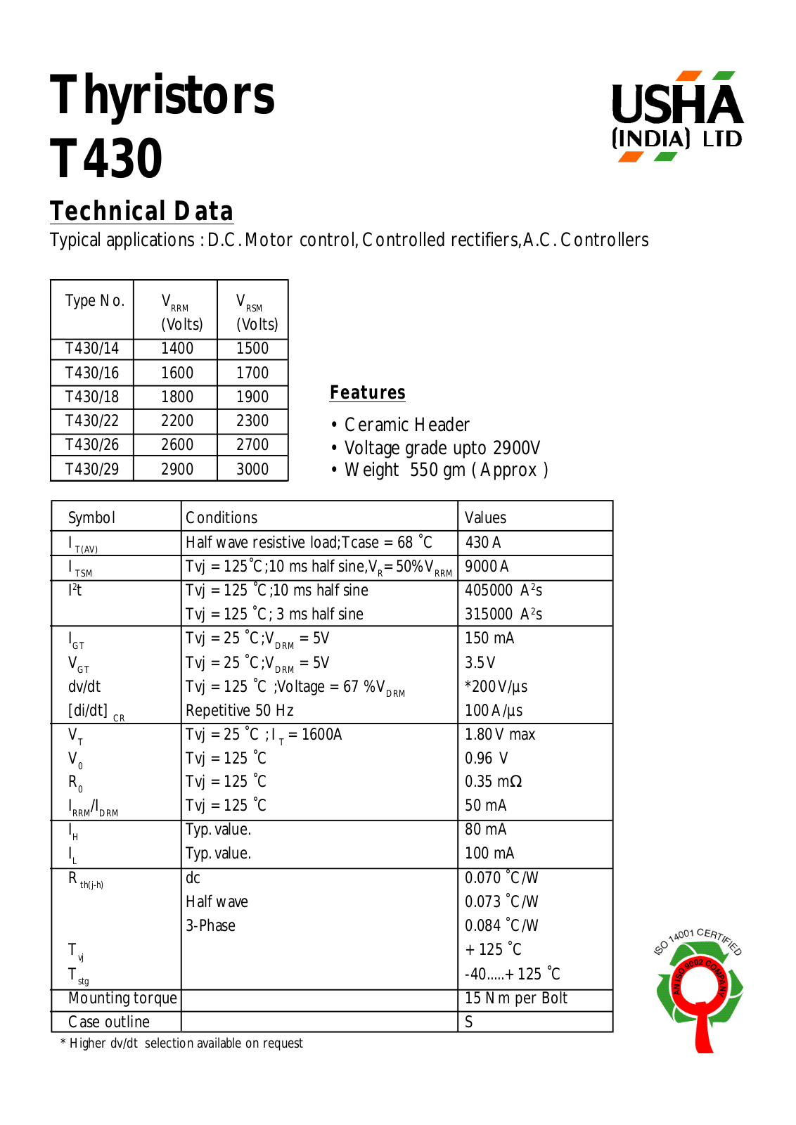 USHA T430-26, T430-29, T430-22, T430-18, T430-16 Datasheet