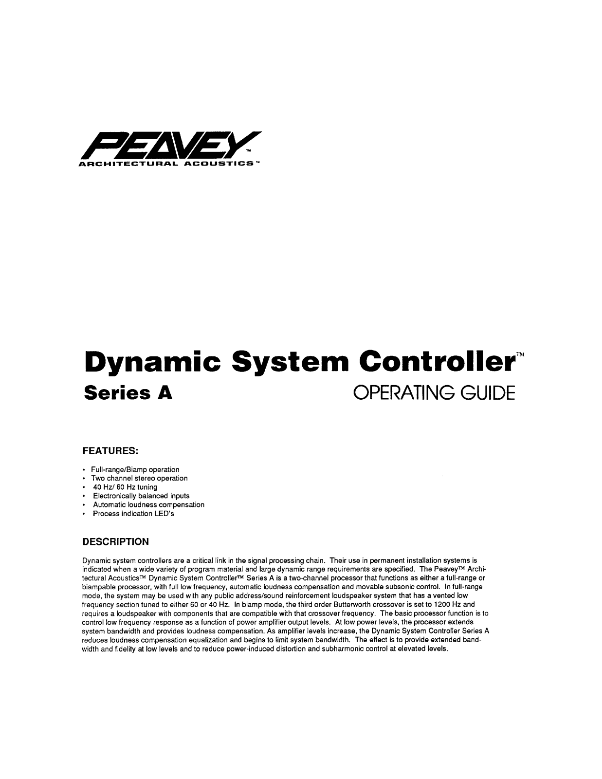 Peavey DIGITAL SYSTEM CONTROLLER Operating Manual