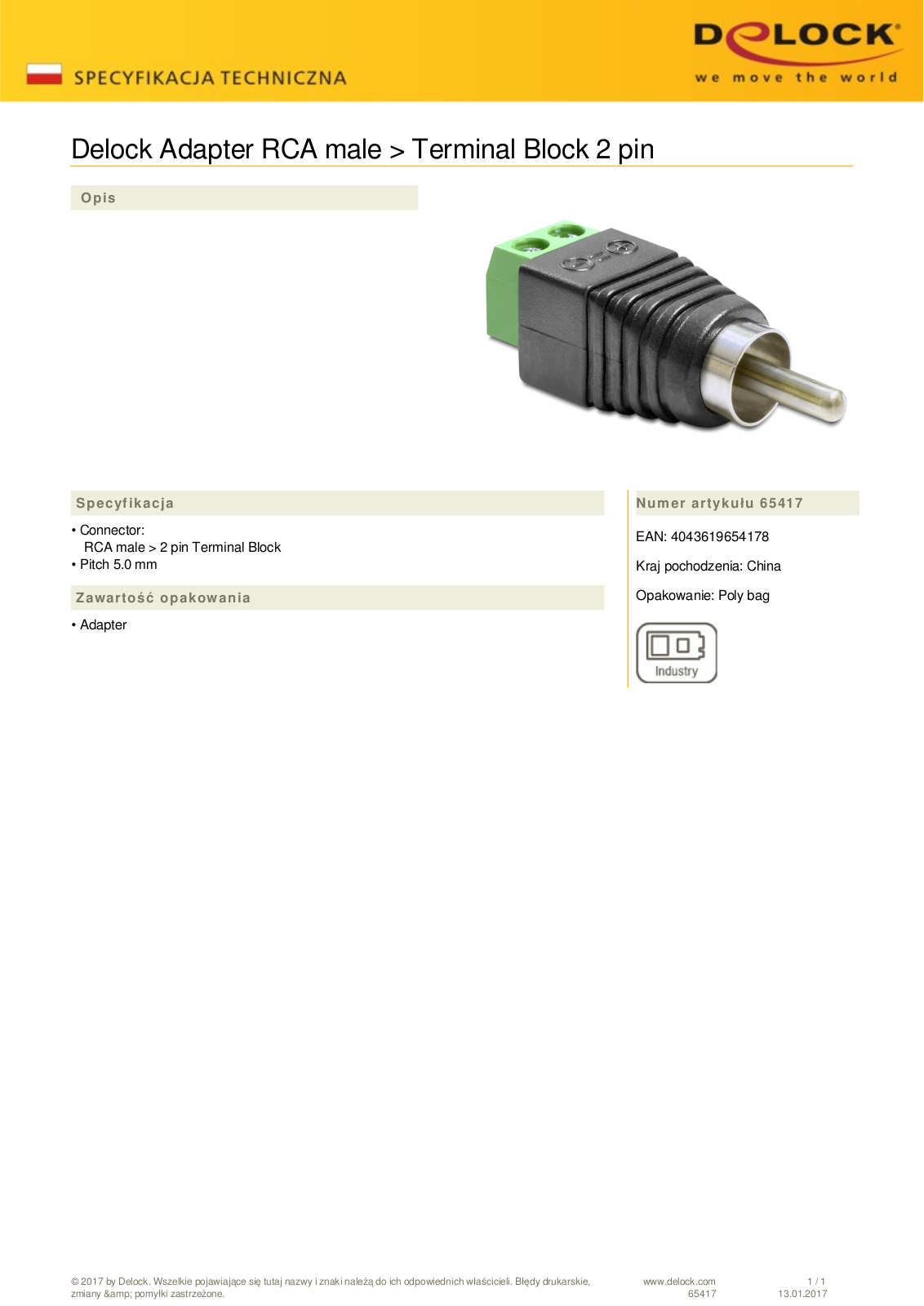 DeLOCK cinch [plug] on 2-Pin-Terminalblock adapter User Manual