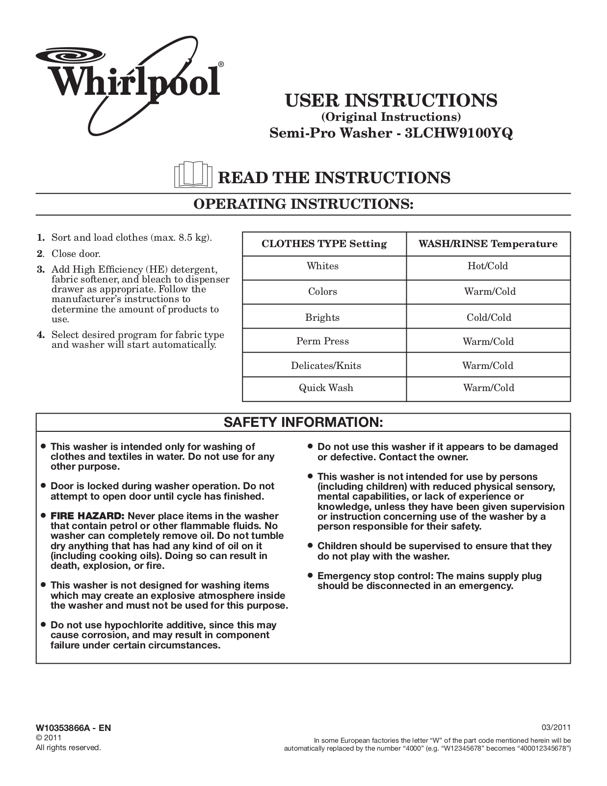 Whirlpool 3LCHW9100YQ0 Parts Diagram