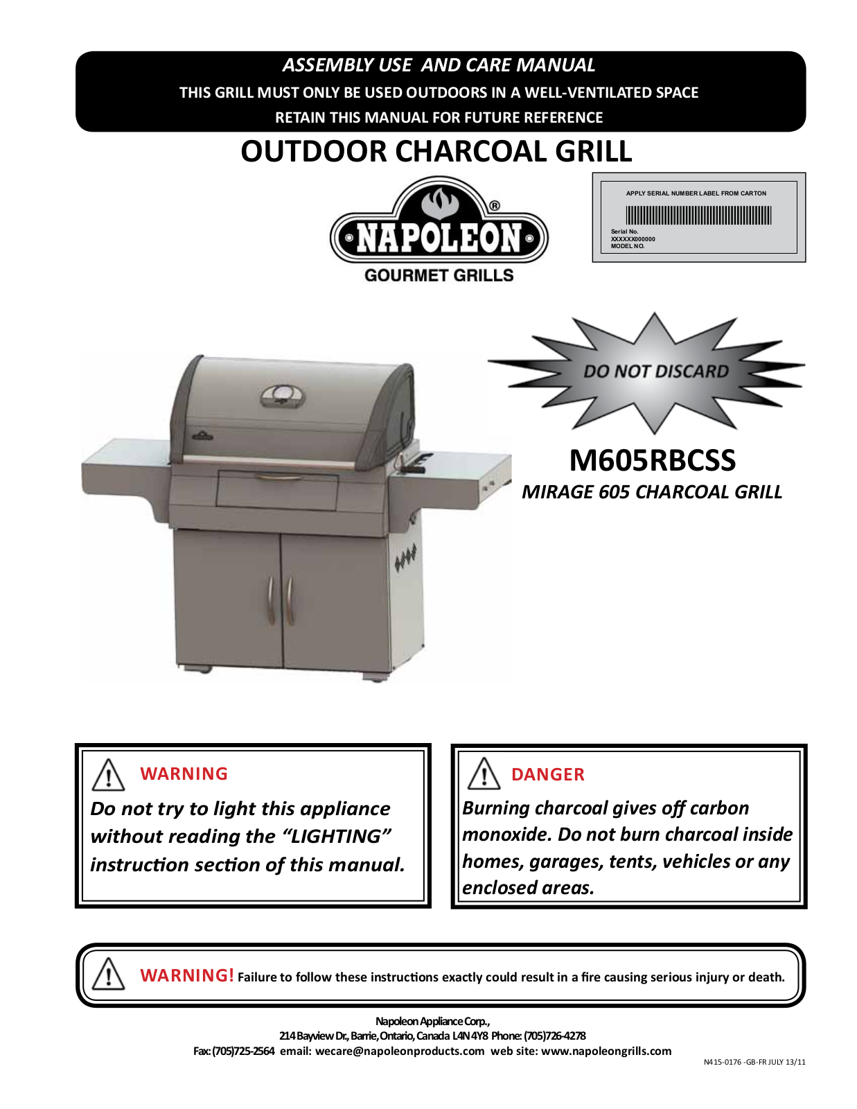 Napoleon Grills M605RBCSS User Manual