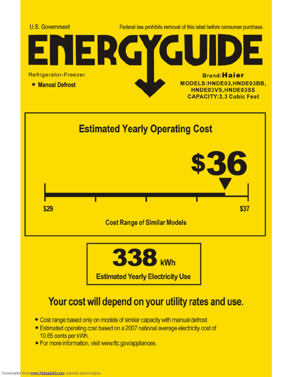 Haier HNDE03VS, HNDE03, HNDE03BB, HNDE03SS Energy Manual