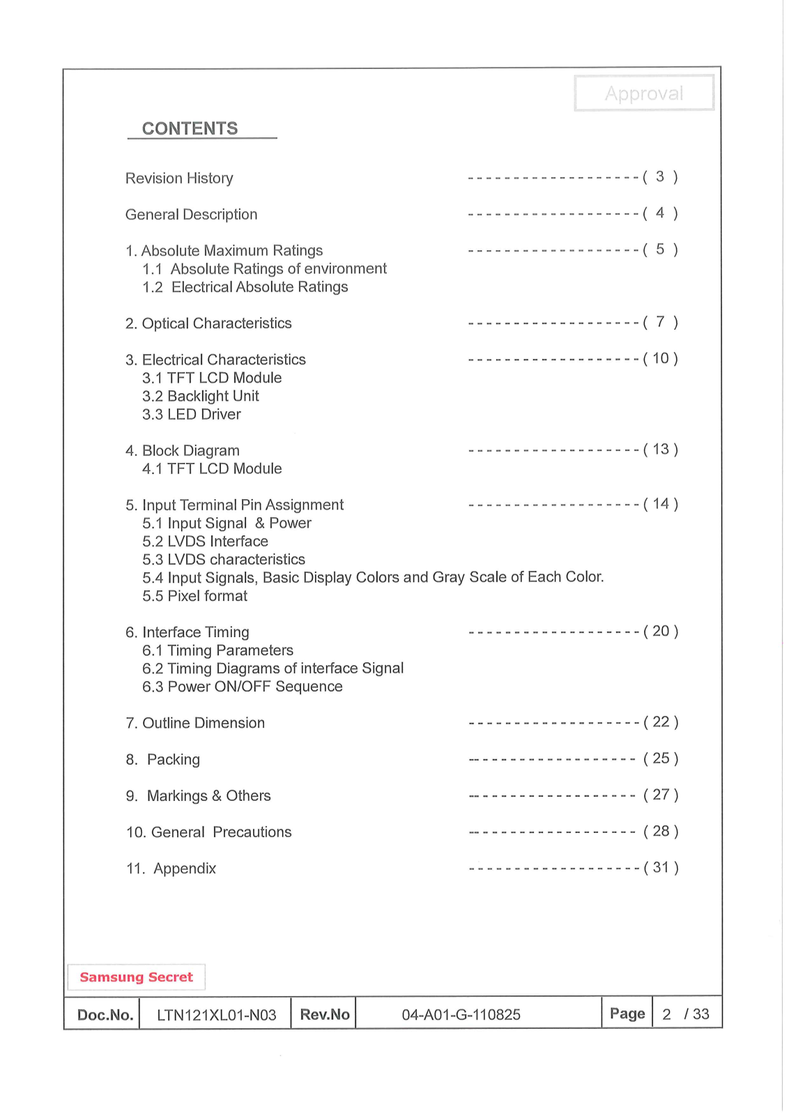 SAMSUNG LTN121XL01-N03 Specification