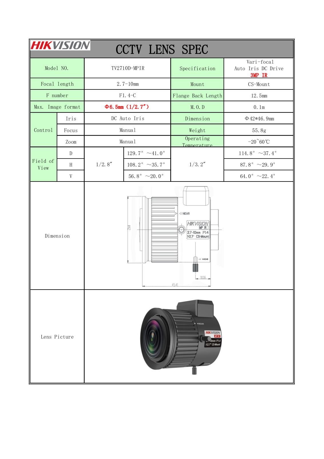 Hikvision TV2710D-MPIR Specsheet