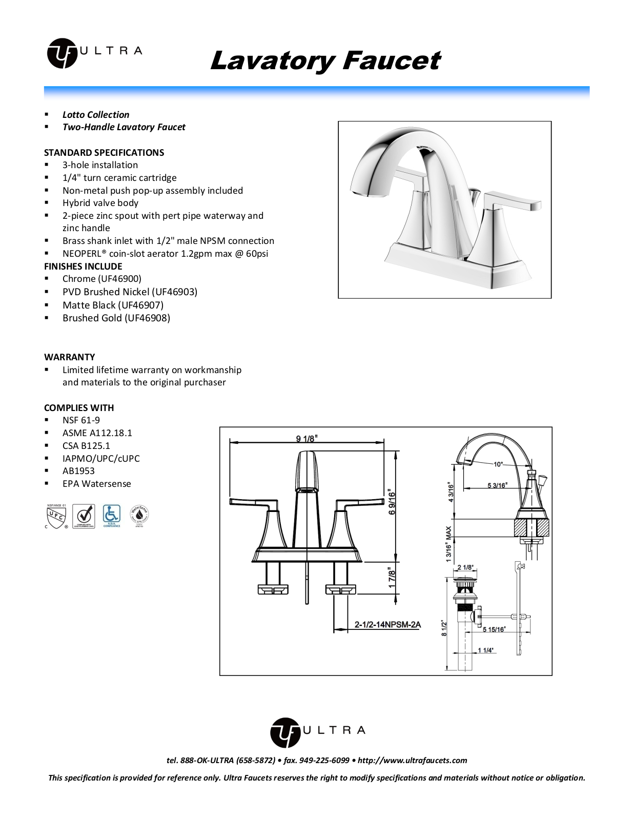 Ultra Faucets LTR10134 Specifications - ManualMachine.com