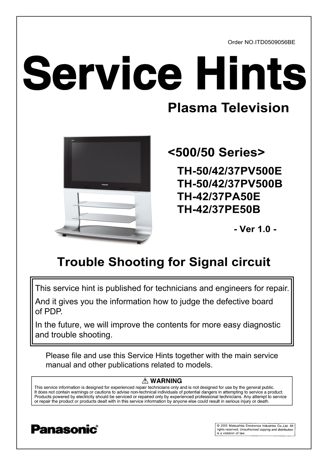 Panasonic GP8DE, TH-50PV500E, TH-42PV500E, TH-37PV500E, TH-50PV500B Service Manual