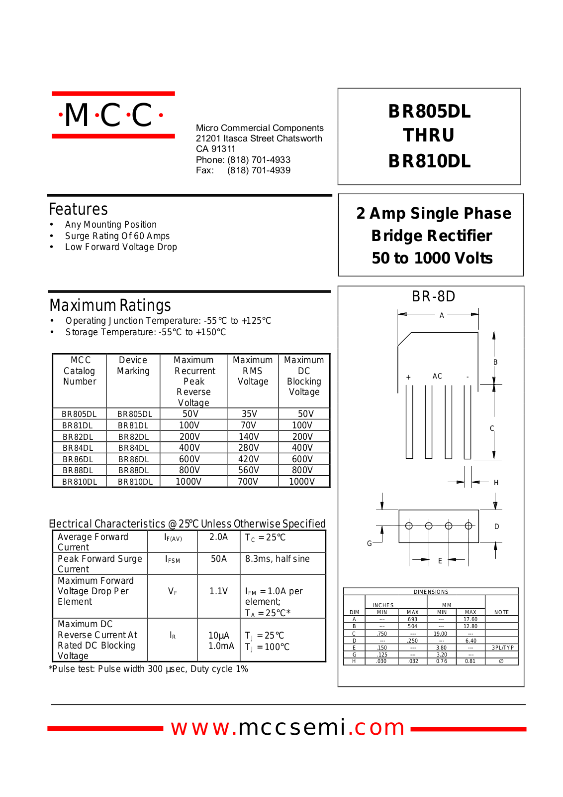 MCC BR805DL, BR84DL, BR82DL, BR81DL, BR810DL Datasheet