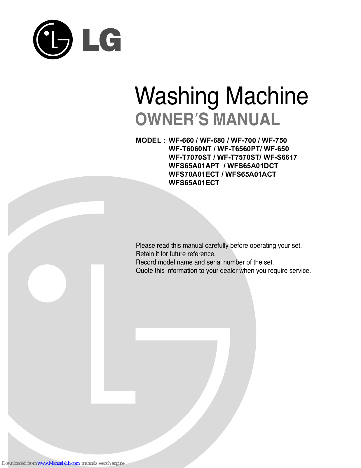 LG WF-660, WF-680, WF-700, WF-750, WF-T6060NT Owner's Manual