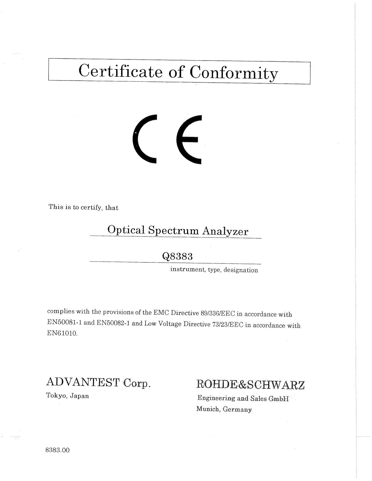 Advantest Corporation Q8383 User Manual