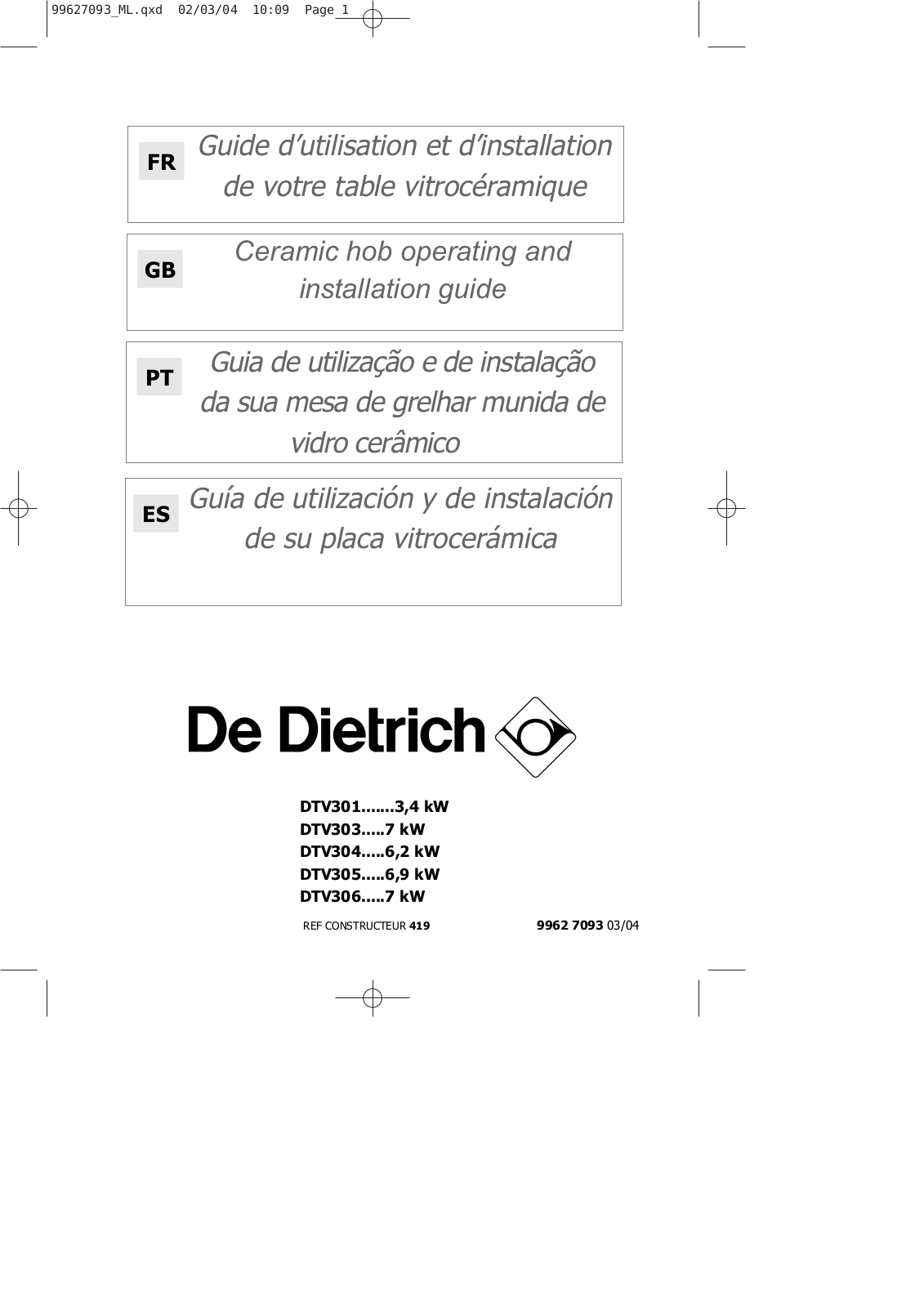 De dietrich DTV304XE1 User Manual