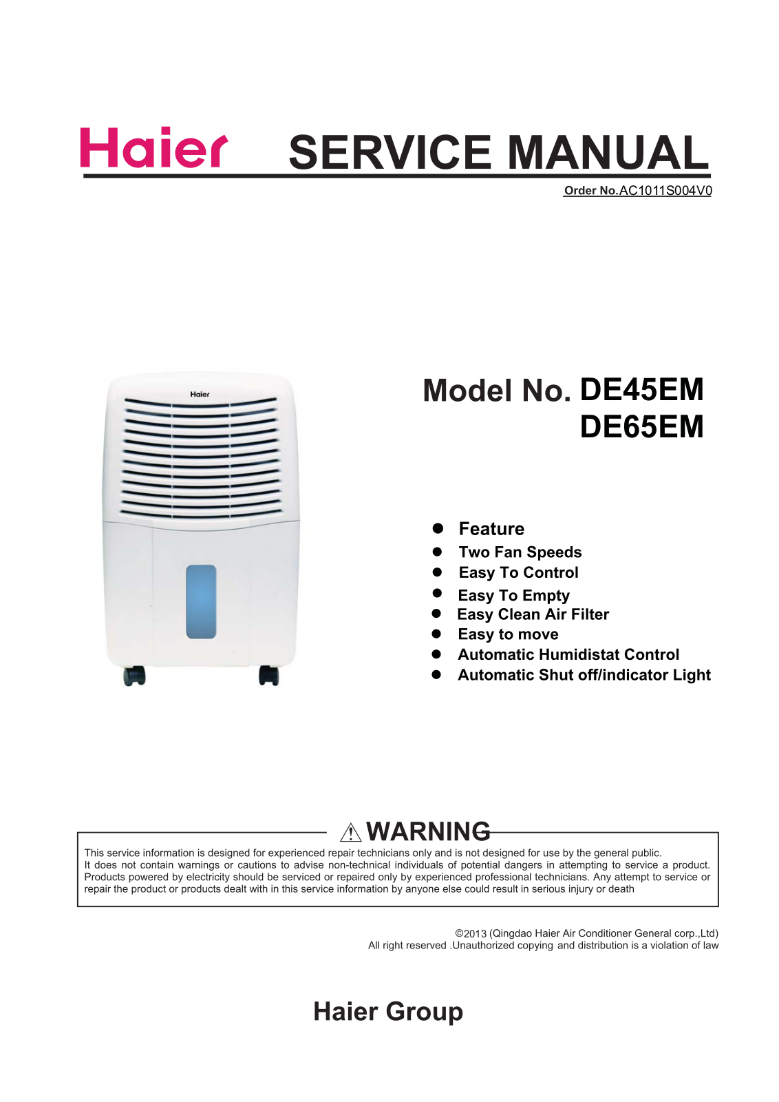 Haier DE45EM, DE65EM User Manual