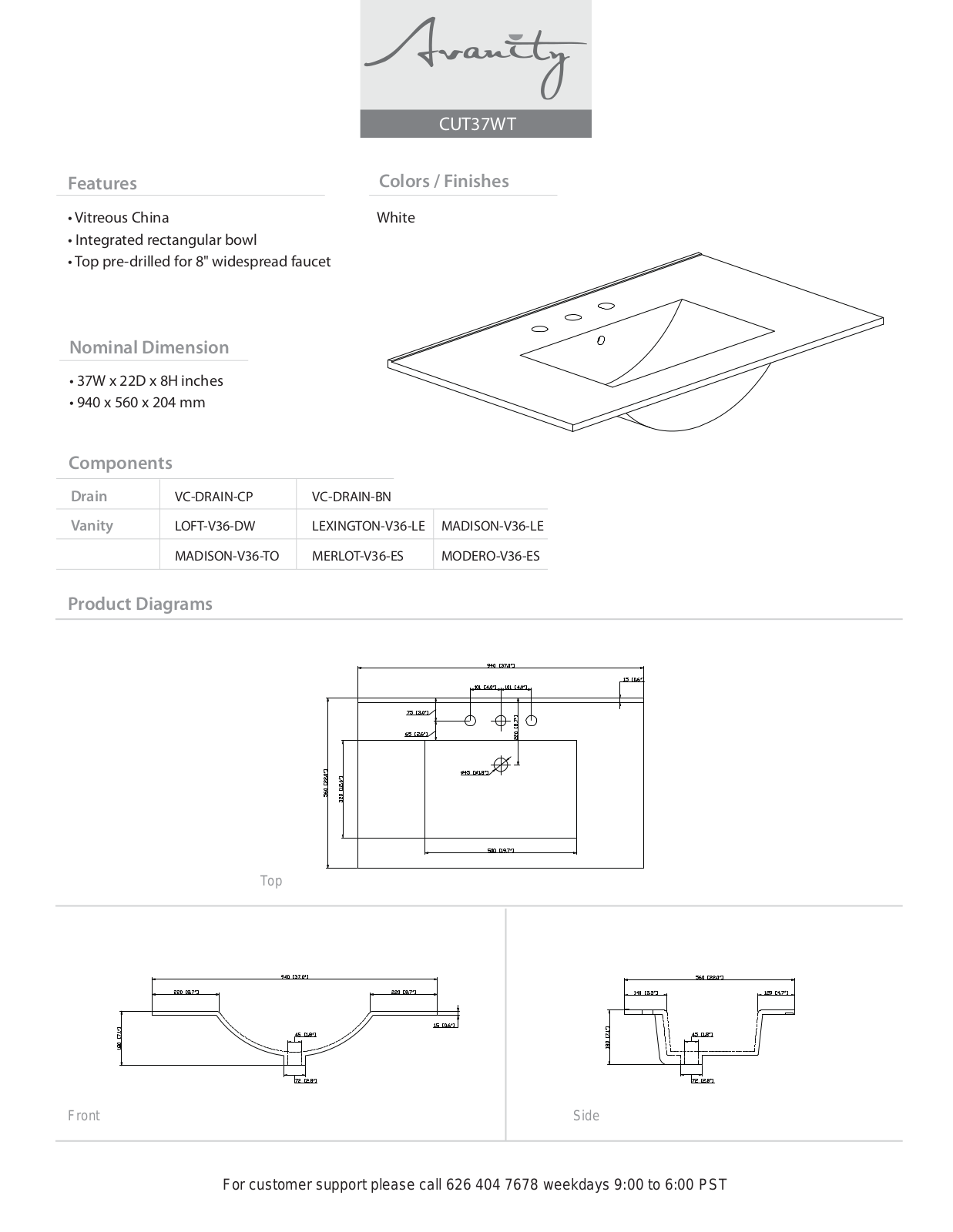 Avanity CUT37WT Specifications