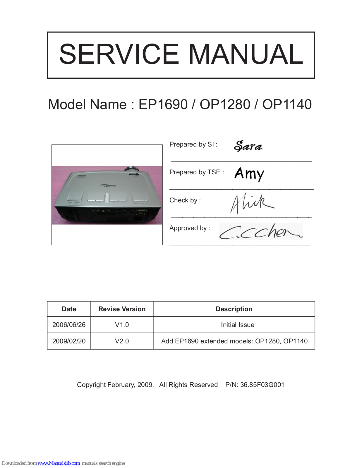 Optoma EP1690, OP1280, OP1140 Service Manual