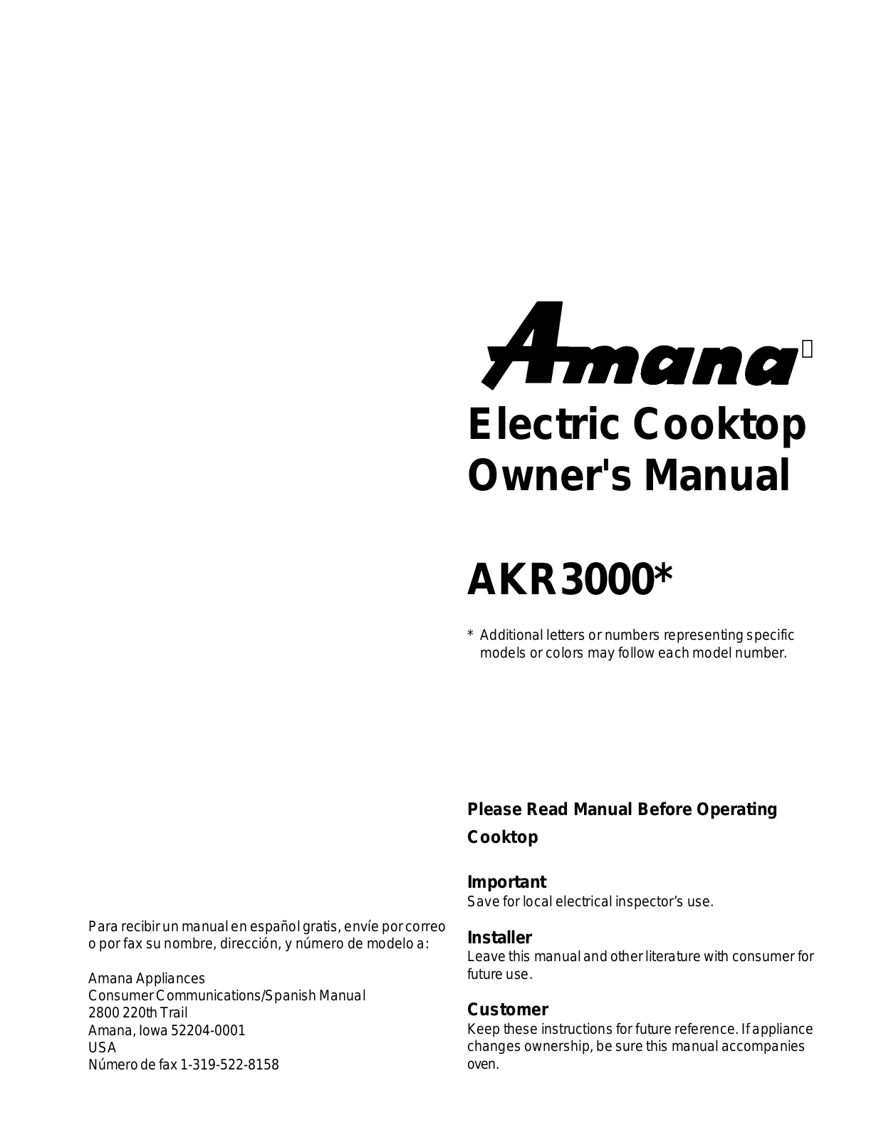 Amana AKR3000E, AKR3000LL, AKR3000SS, AKR3000WW Owner's Manual