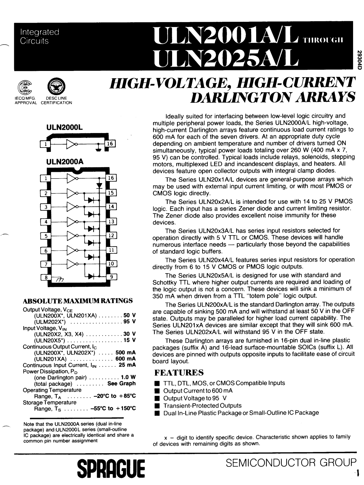 Datasheet ULN2001AL, ULAN2025AL Datasheet (SPRAGUE) - ManualMachine.com