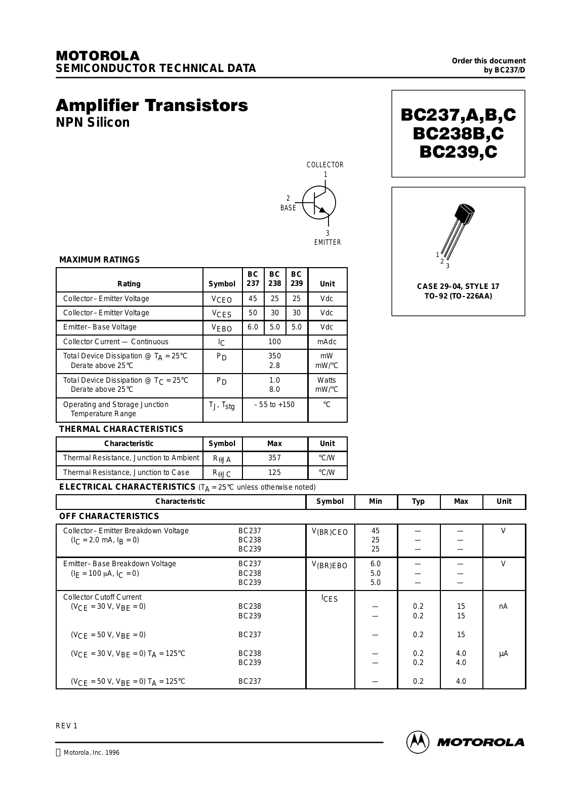 ON Semiconductor BC239C, BC238C, BC237C, BC237BZL1, BC237BRL1 Datasheet