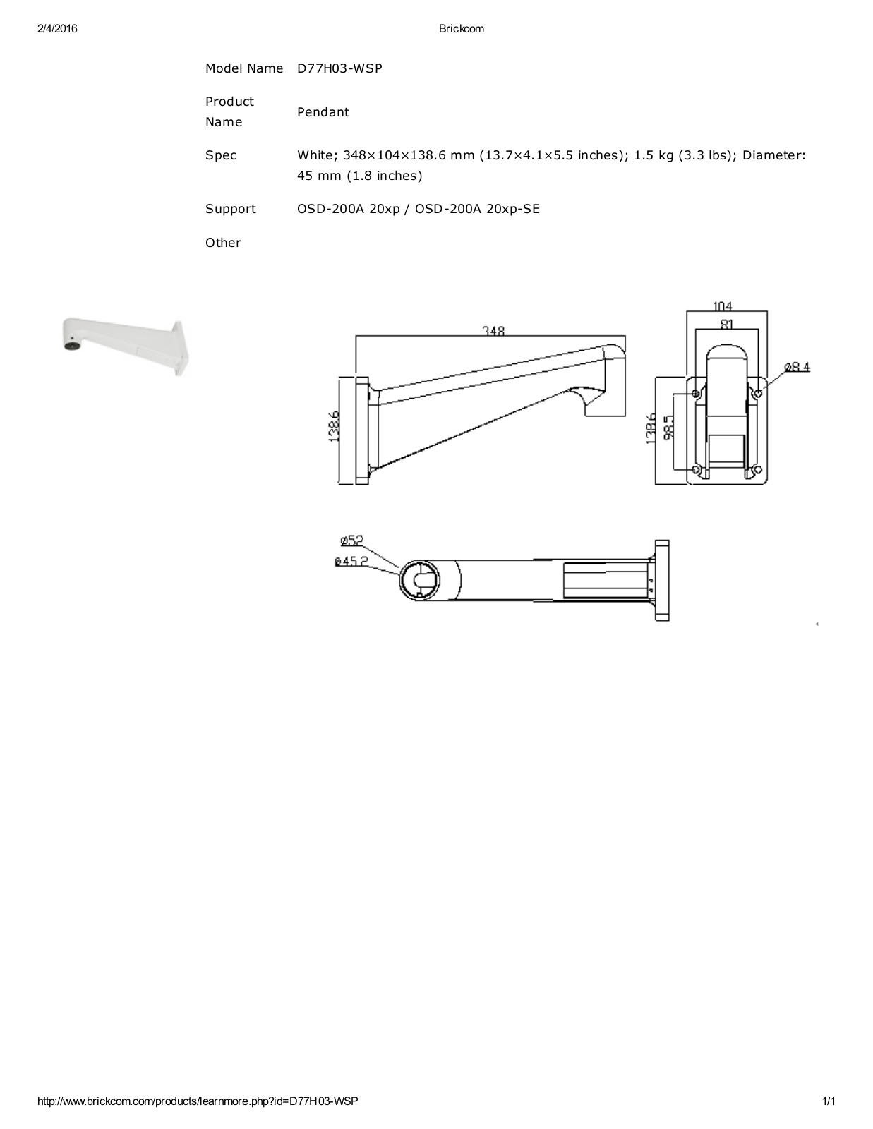 Brickcom D77H03-WSP Specsheet - ManualMachine.com
