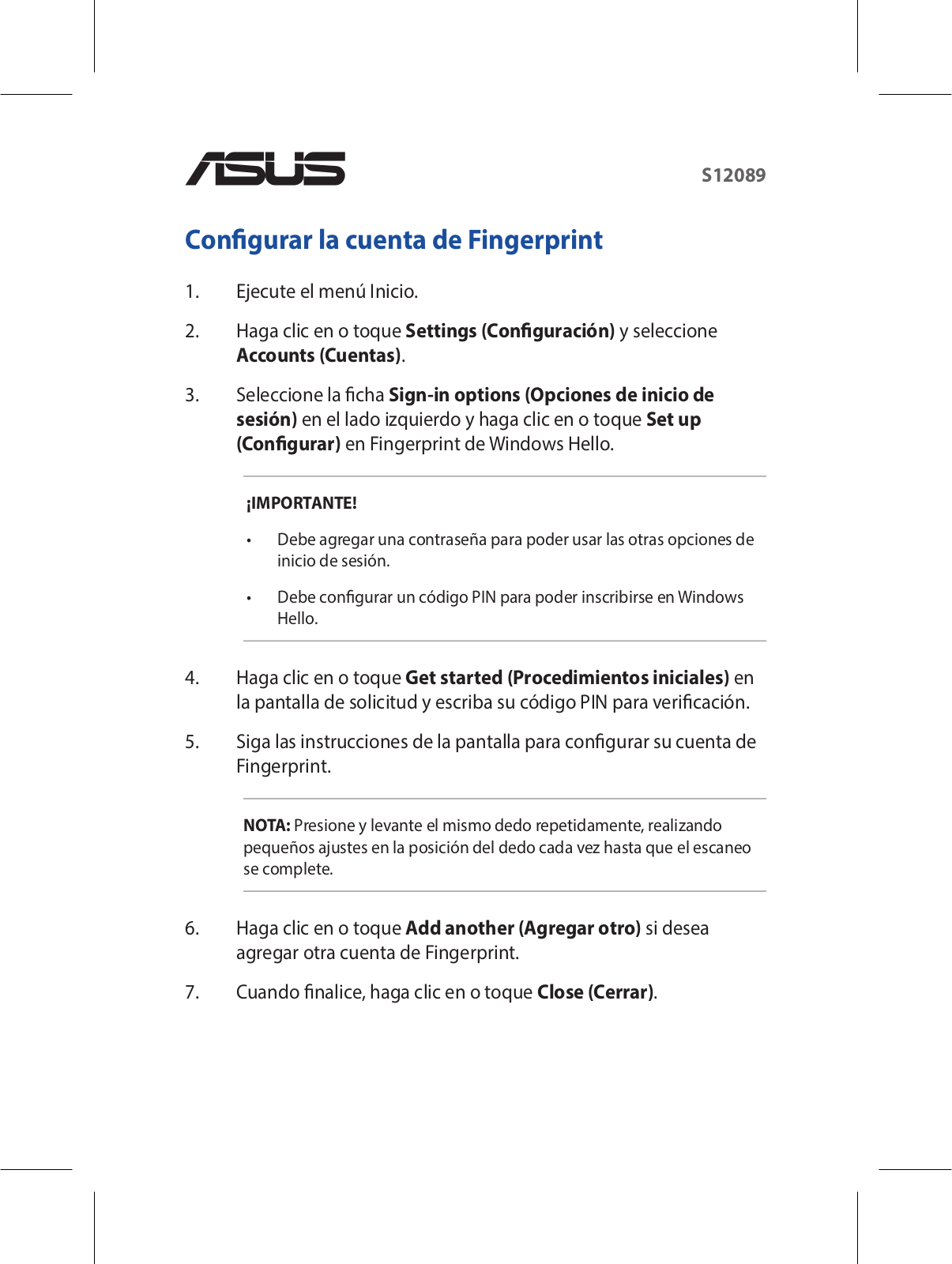 Asus UX390UA Fingerprint Identification Setting