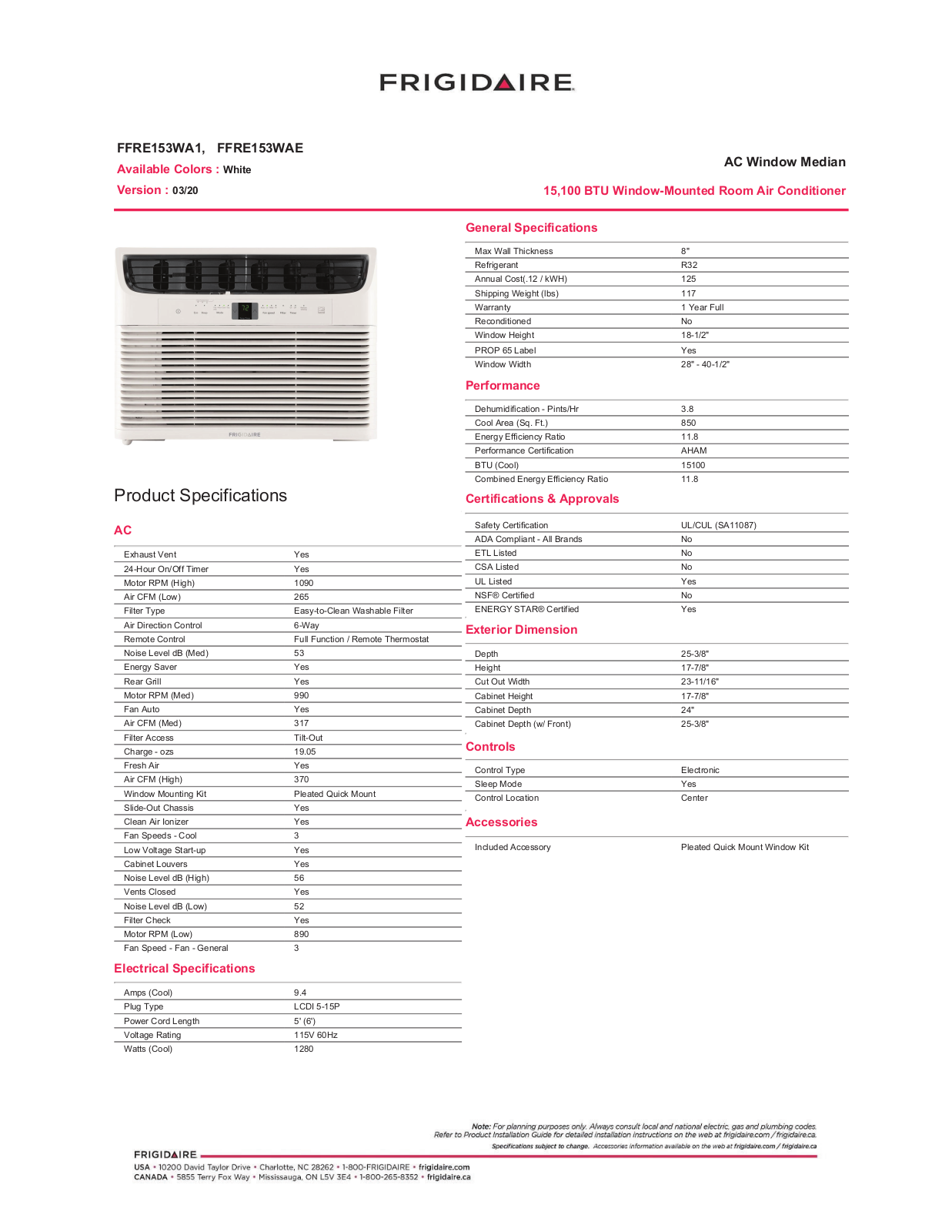 Frigidaire FFRE153WA1, FFRE153WA Specification Sheet