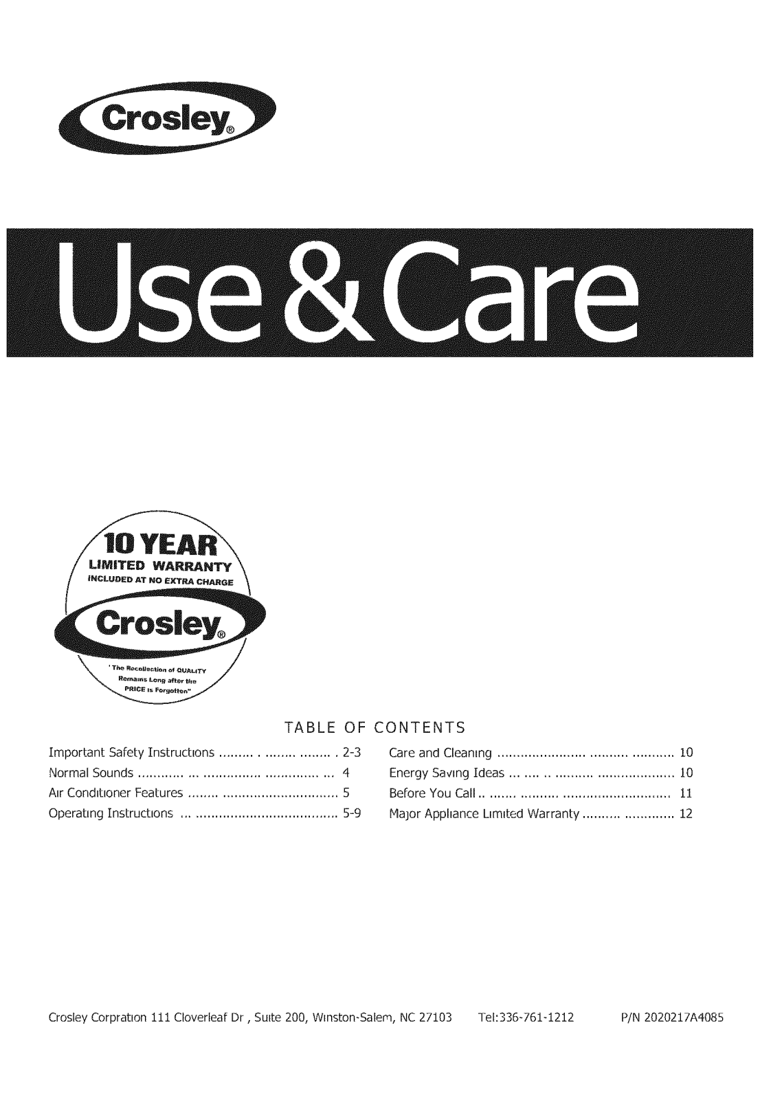 Crosley CAHWE12ER410A11, CAHWE12ER410A12, CAW12EHQ25, CAW12EHQ24, CAW12EHQ23 Owner’s Manual