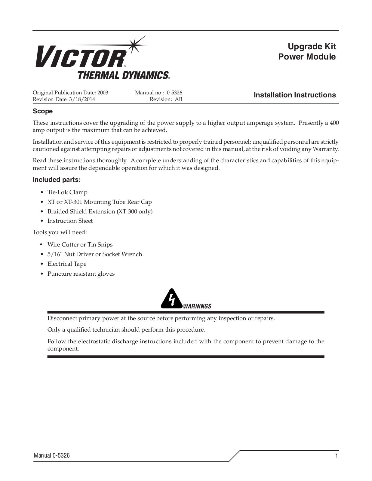 Tweco Victor Thermal Dynamics Power Module Upgrade Kit User Manual