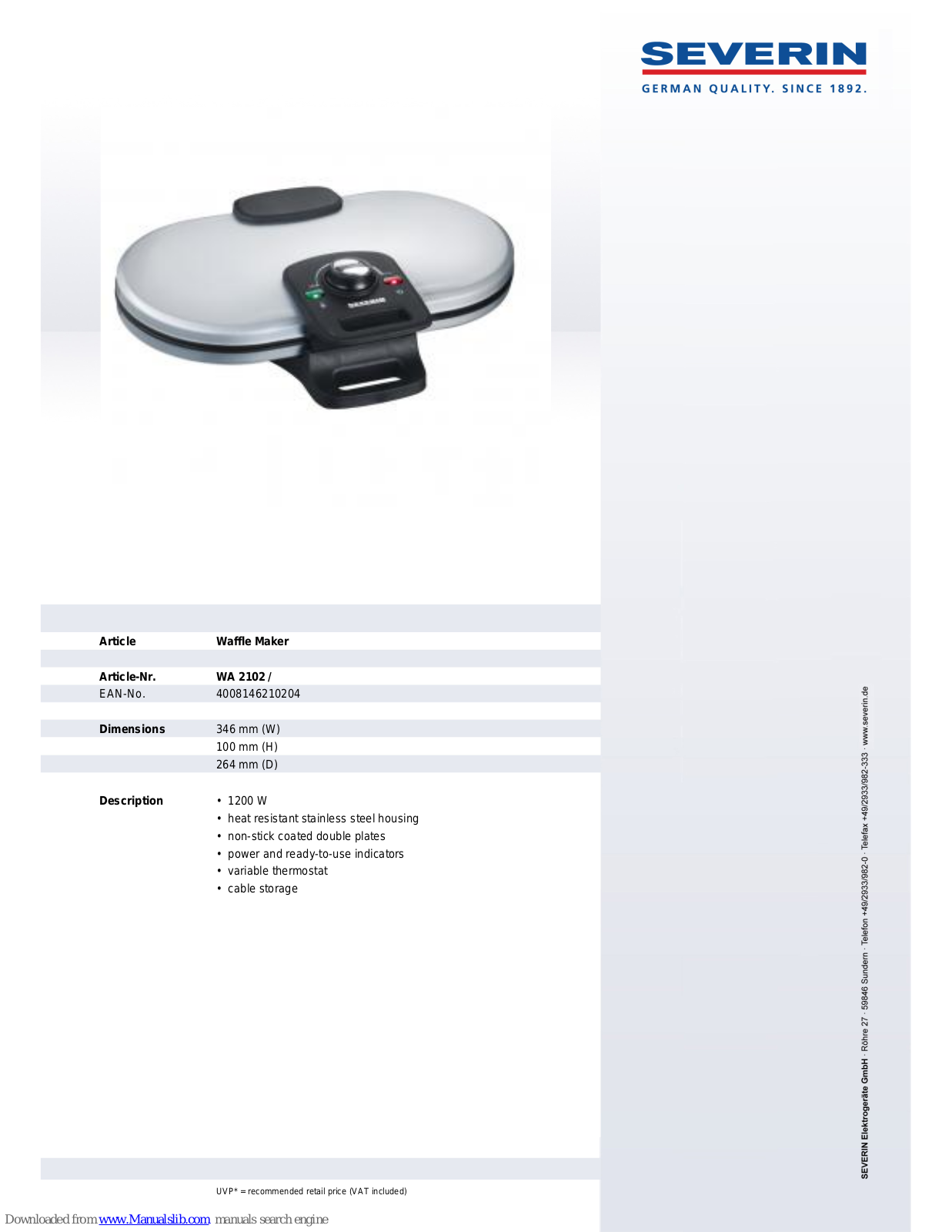 SEVERIN WA 2102, WAFFLE MAKER - DATASHEET 2 Dimensions