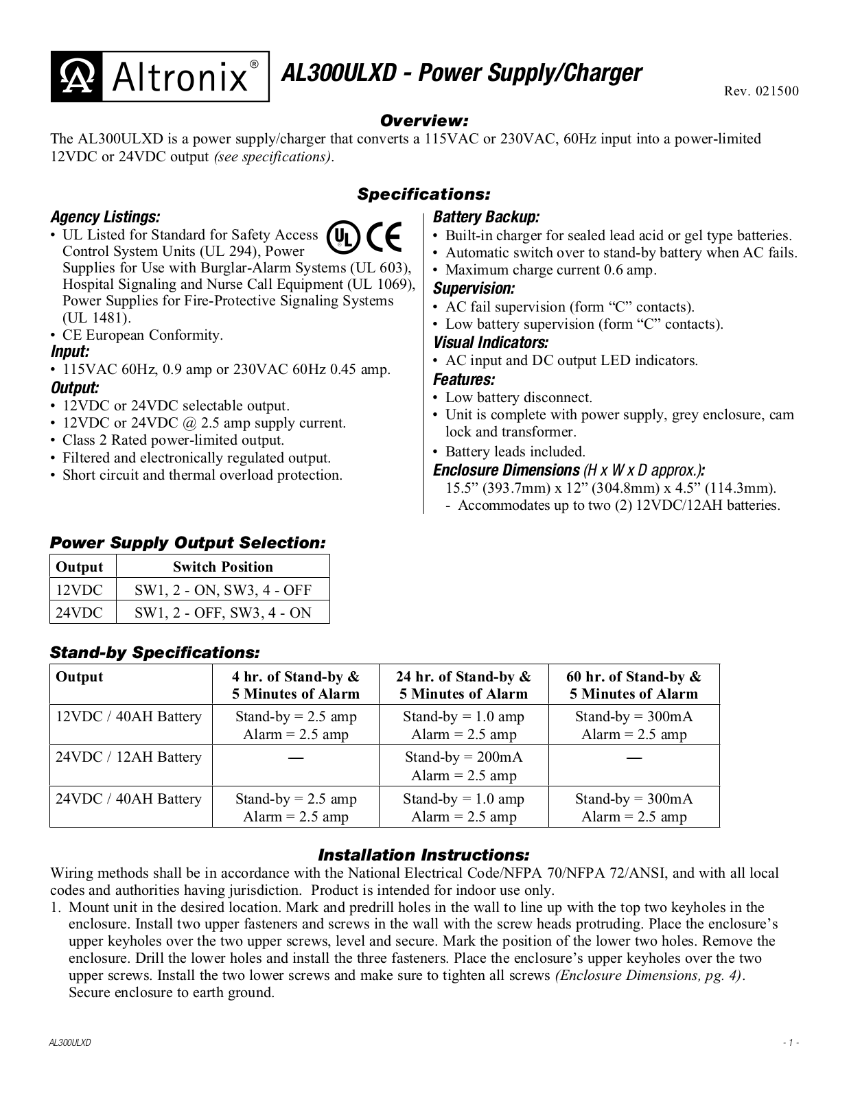 Altronix AL300ULXD Installation Instructions