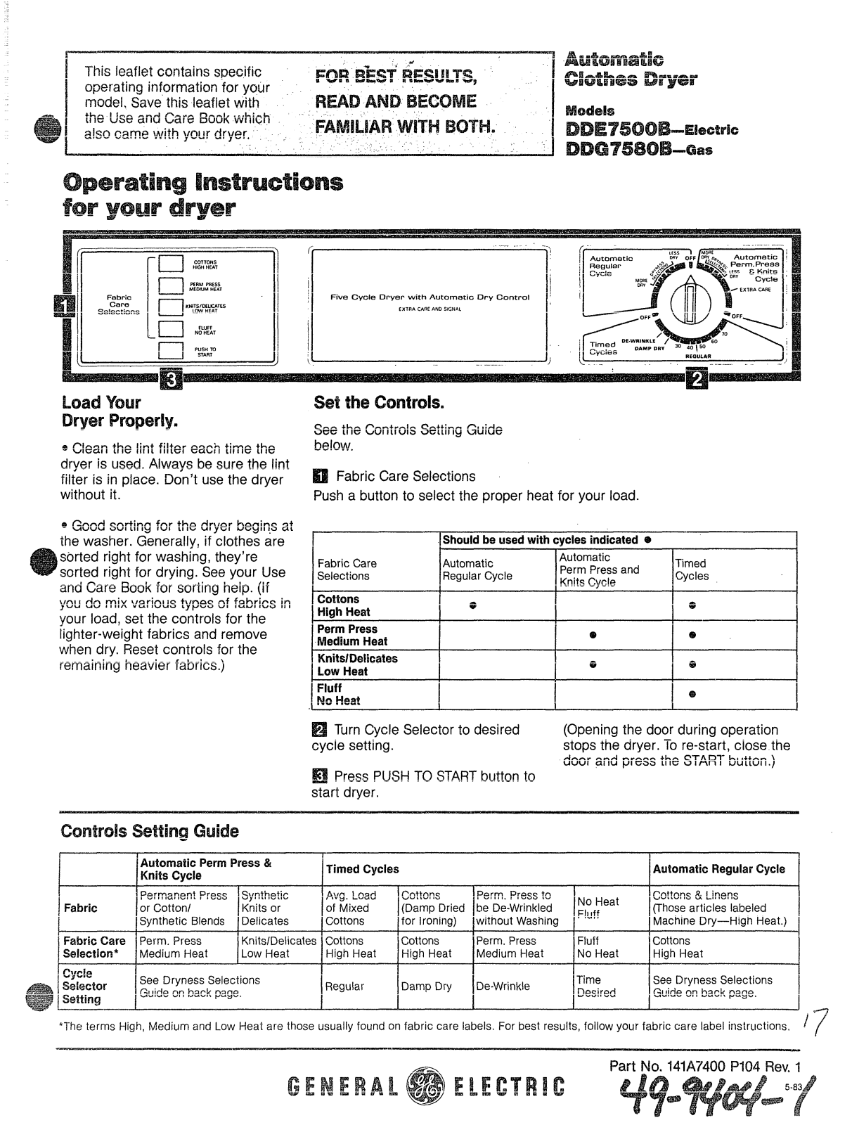GE DDG7580B, DDE7500B Operation Instructions - ManualMachine.com