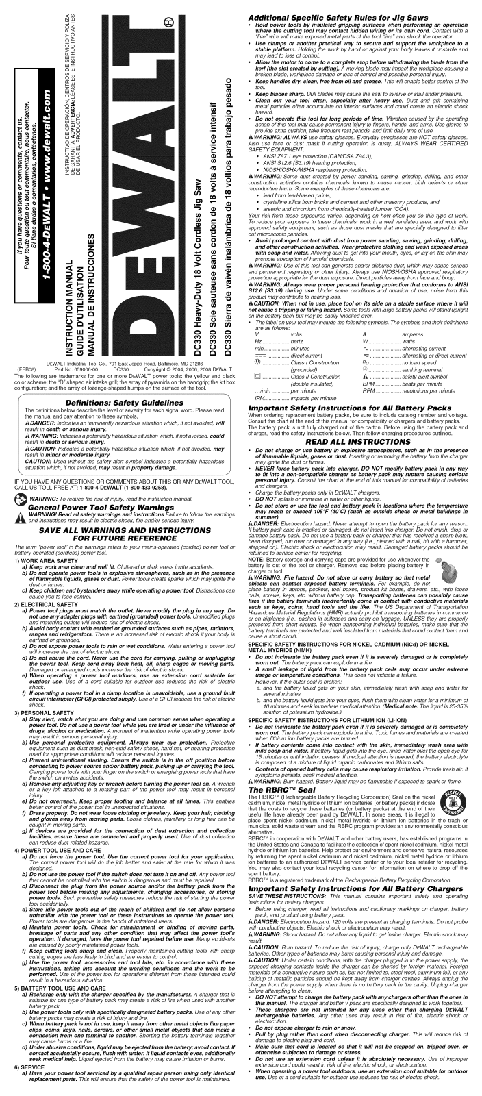 DeWalt DC330K TYPE 10, DC330B TYPE 10 Owner’s Manual