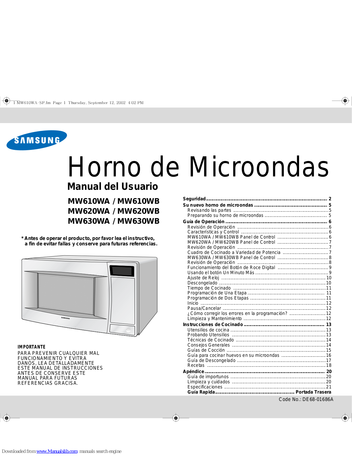 Samsung MW620WB MW630WA, MW610WA, MW610WB, MW620WA, MW620WB Manual Del Usuario