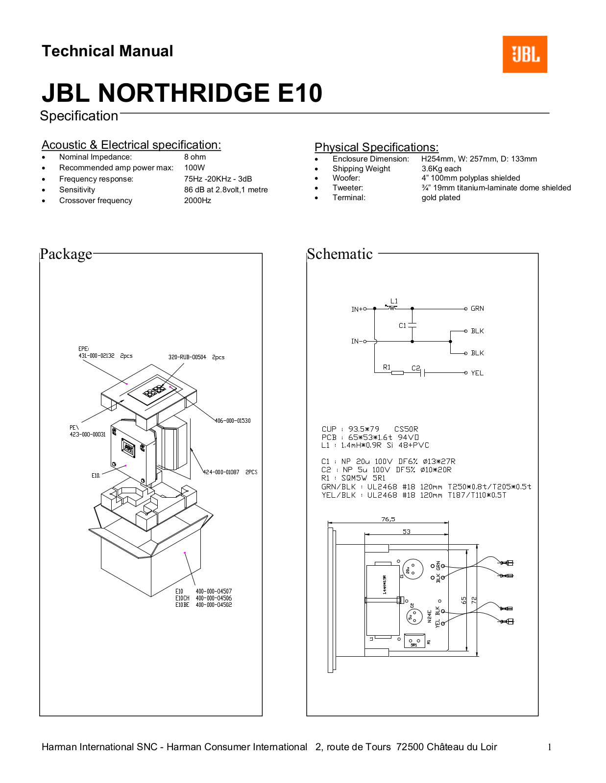 JBL E10 Technical Manual