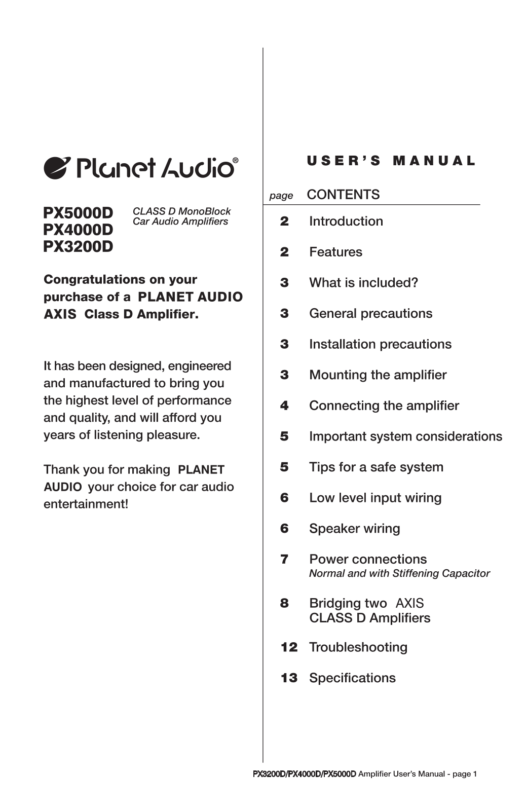 Planet Audio PX3200D, PX4000D, PX5000D User Manual