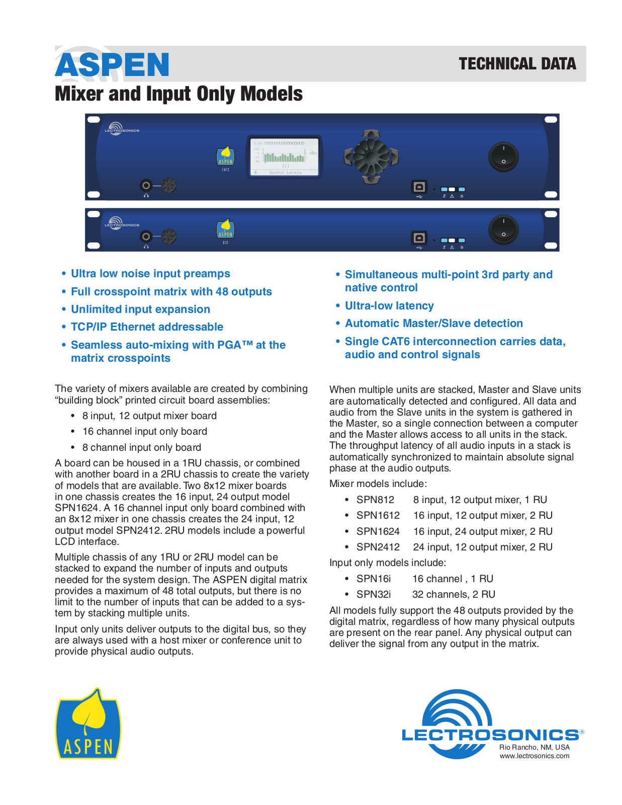 Lectrosonics SPN1612, SPN1624, SPN16I, SPN2412, SPN32I Data Sheet