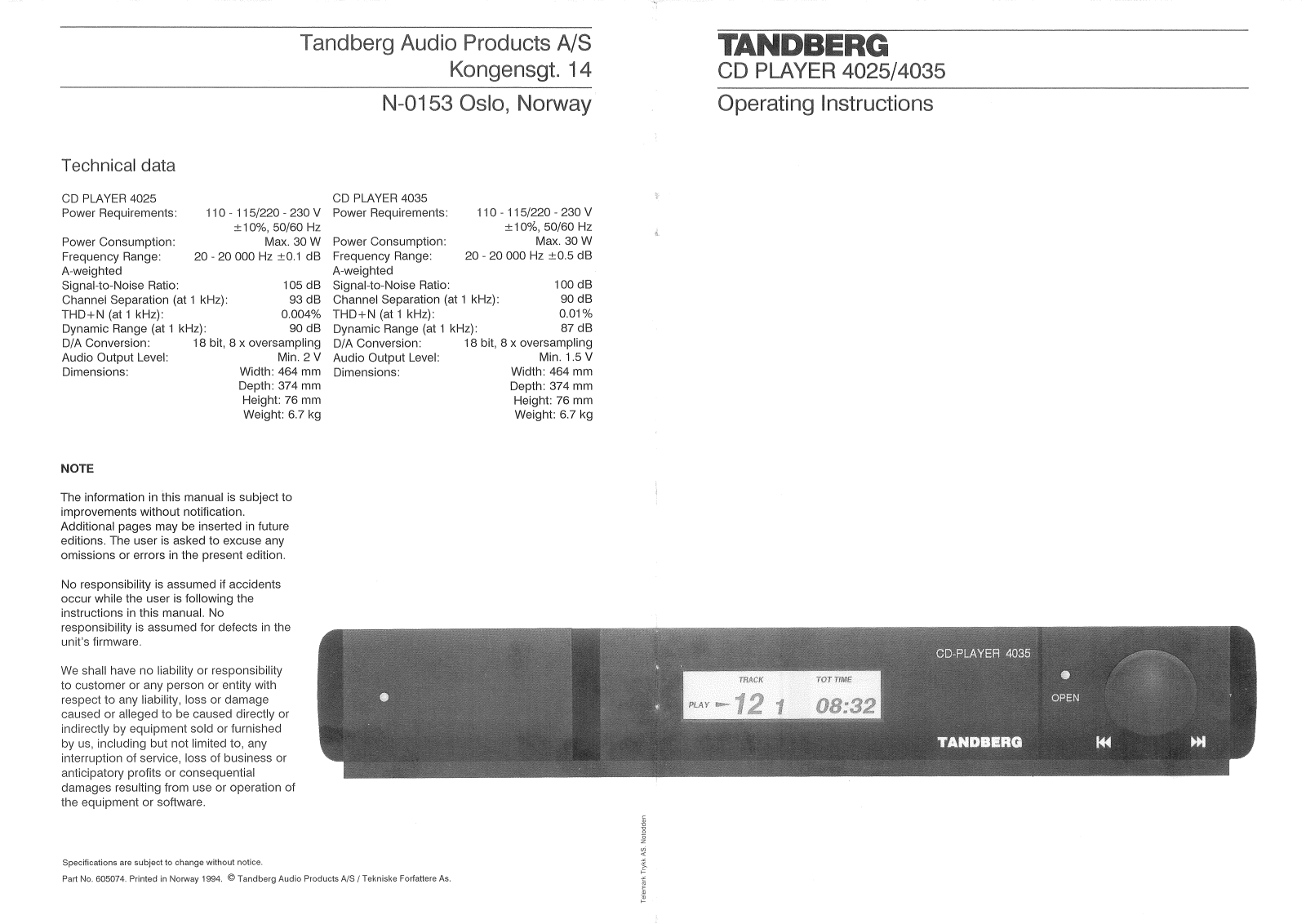Tandberg TCP-4025 Owners manual