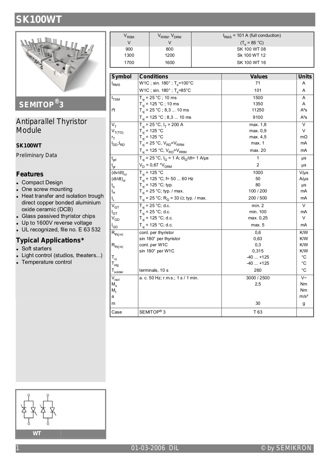 Semikron SK100WT16 Data Sheet