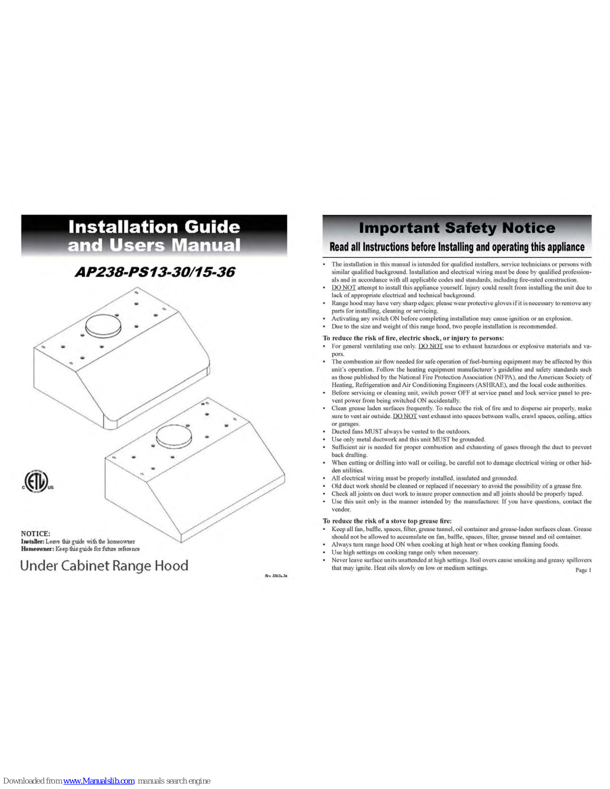 Spagna Vetro AP238-PS15-36, AP238-PS13-30 Installation Manual And User's Manual