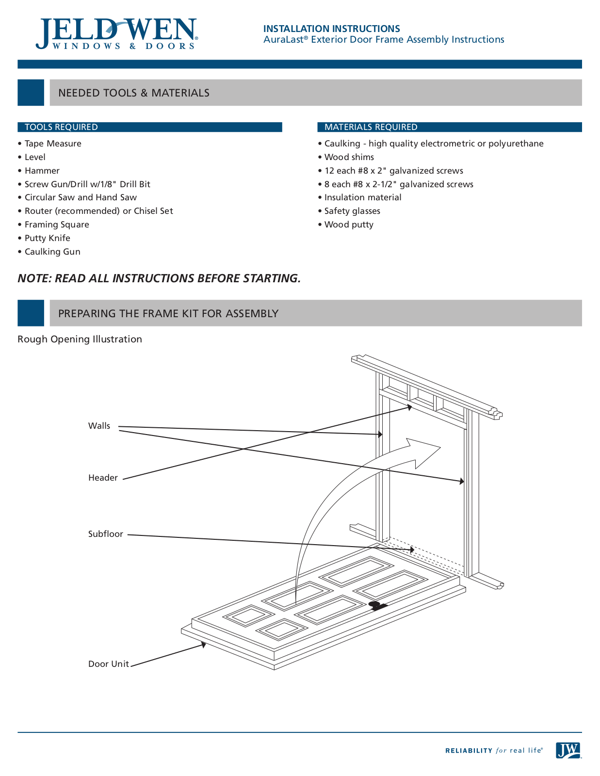 JELD-WEN AuraLast Exterior Door Frame User Manual