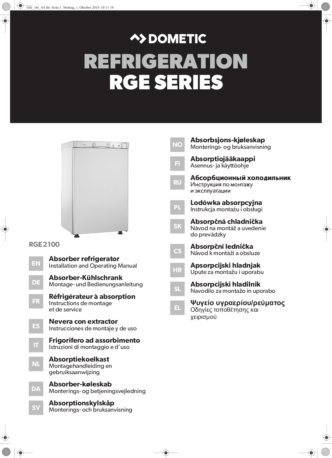 Dometic RGE 2100 Installation and Operating Manual