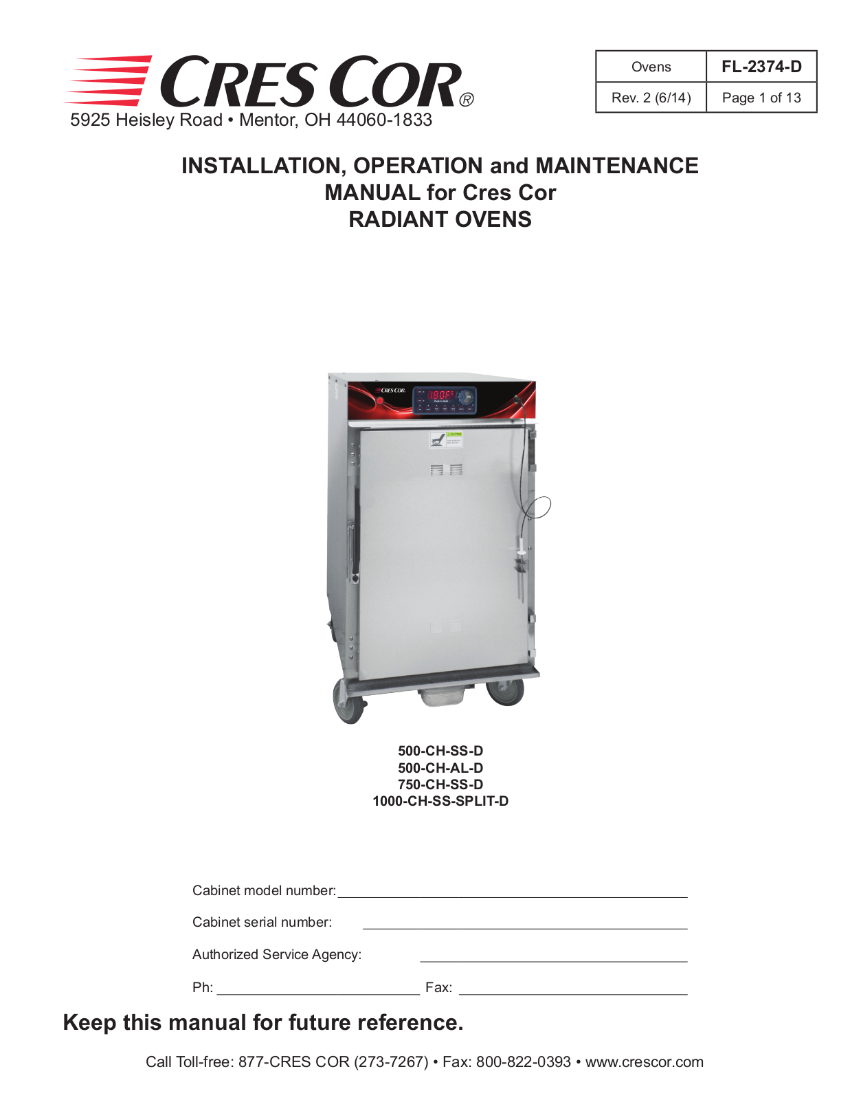 Cres Cor 500-CH-SS-D, 500-CH-AL-D, 750-CH-SS-D Operators Manual