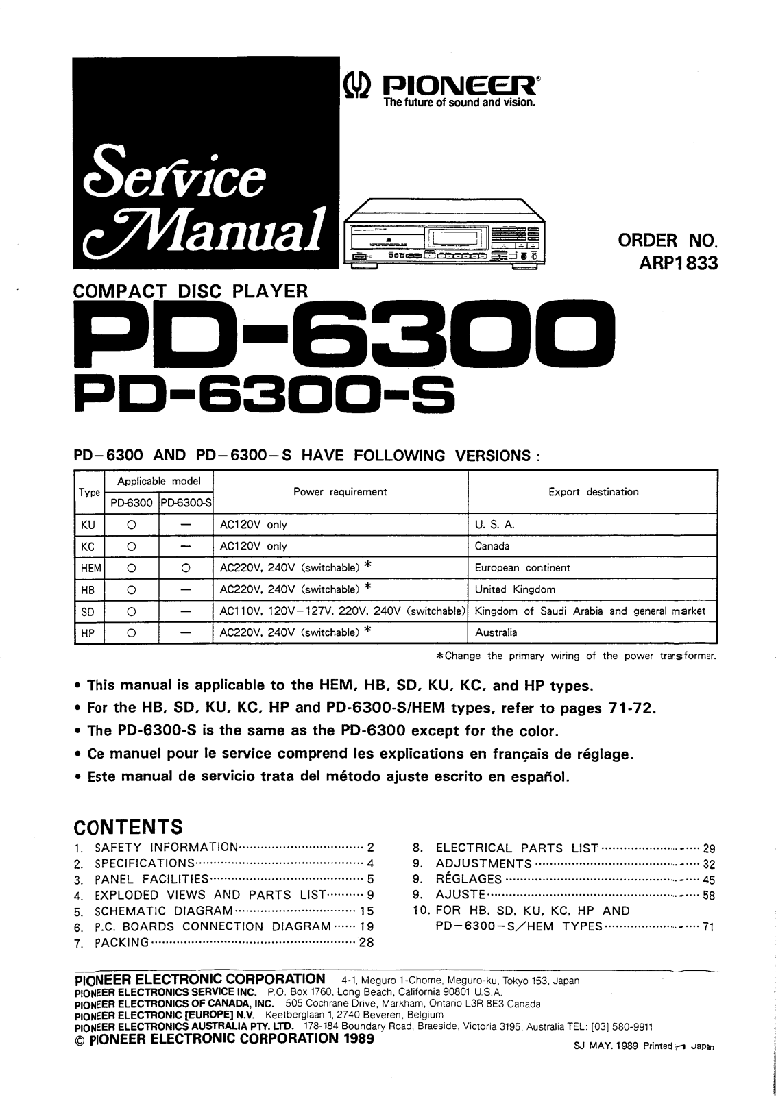Pioneer PD-6300, PD-6300-S Service manual