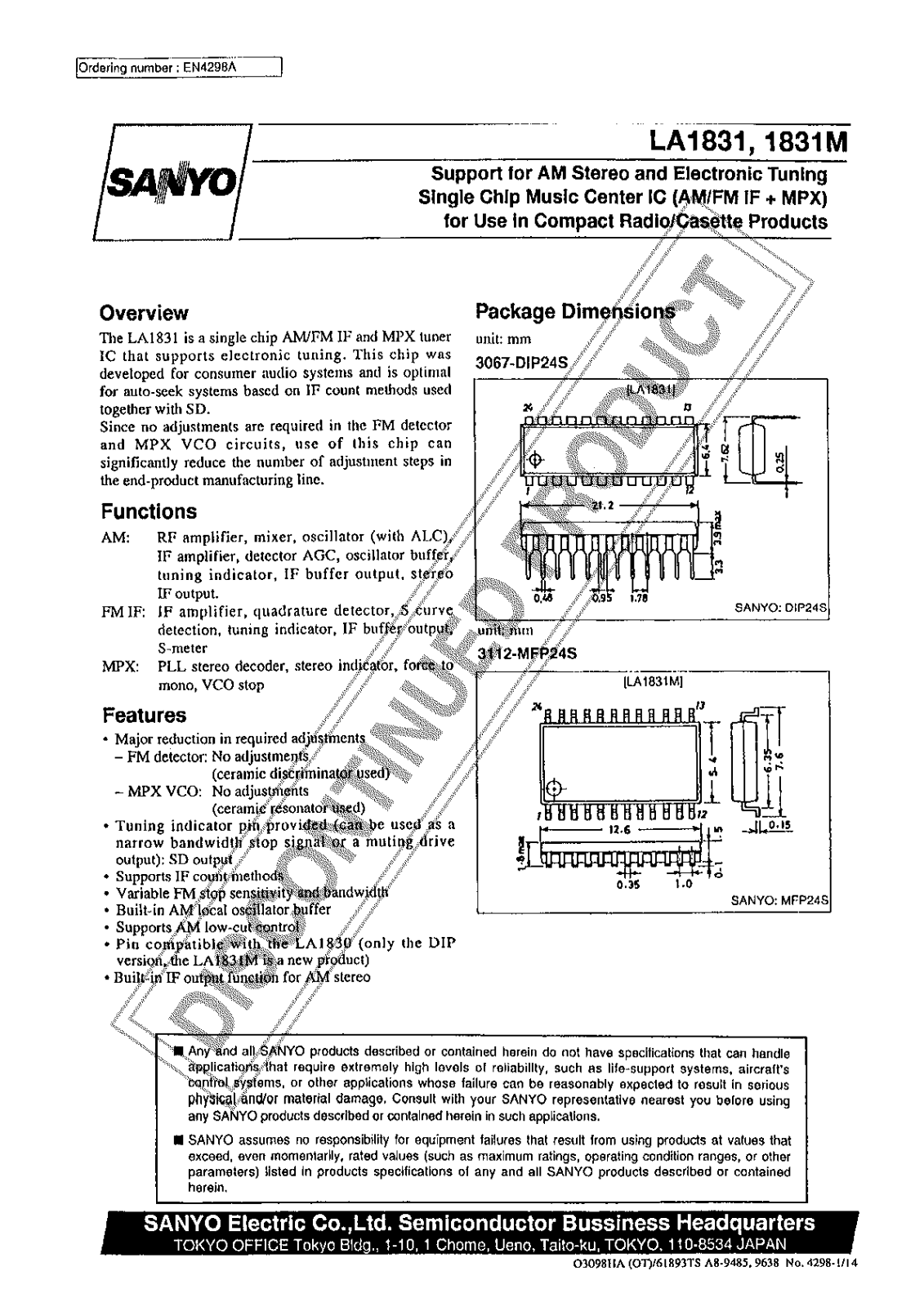 Sanyo LA1831M Specifications