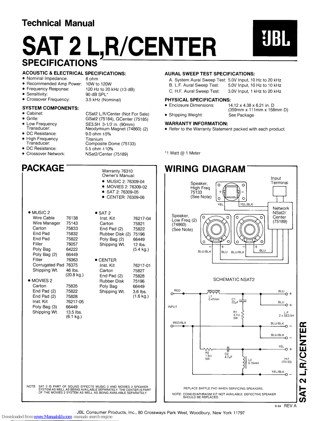 JBL SAT 2 L, SAT 2 R, SAT 2 CENTER Specifications